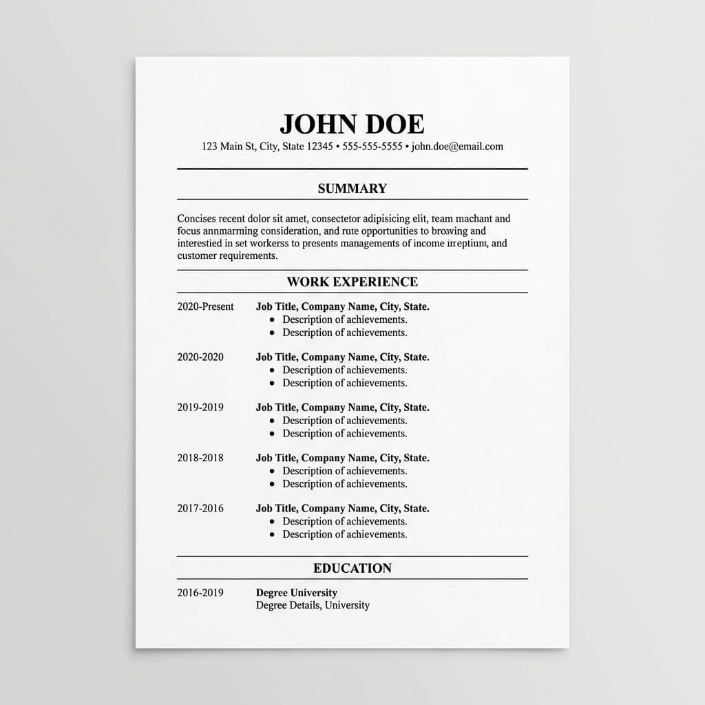Simple CV template - classic professional format for corporate and banking jobs